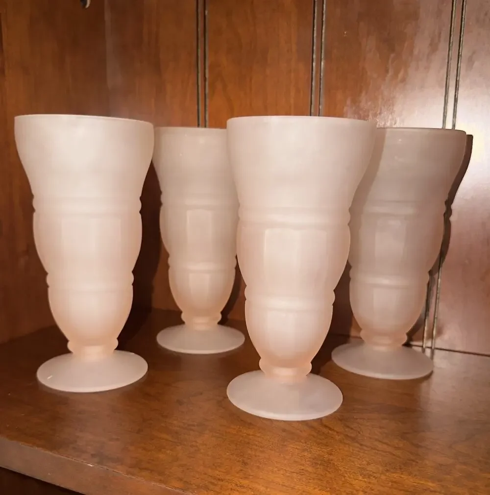 Vintage Indiana Glass Frosted Pink Goblets Set of 4 Pretzel Whitehall MidCentury